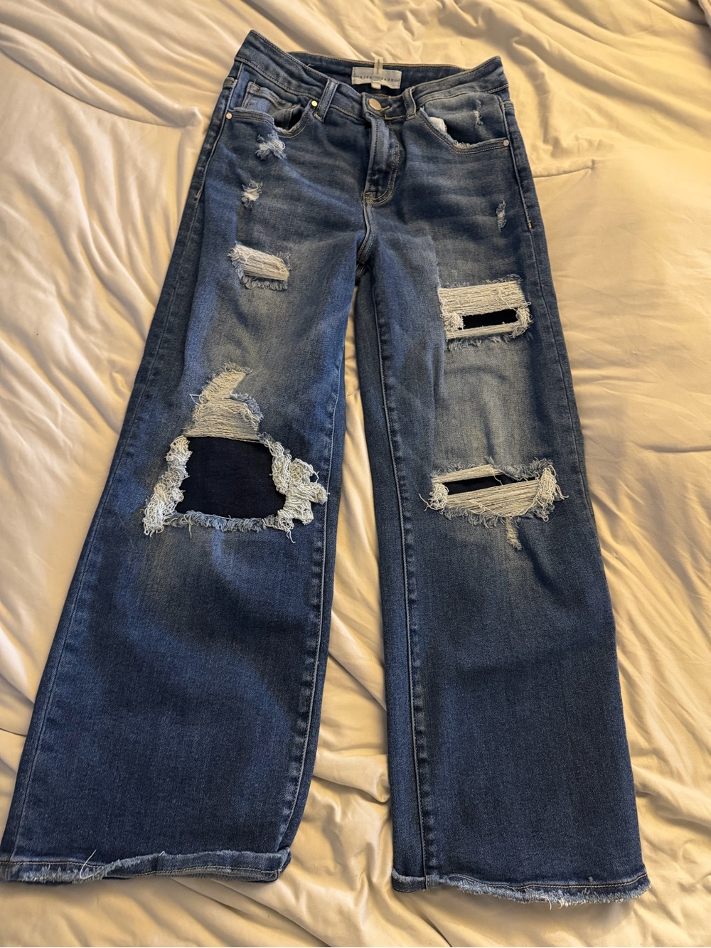 Wide-Leg Distressed Ankle Jeans - Dark Blue